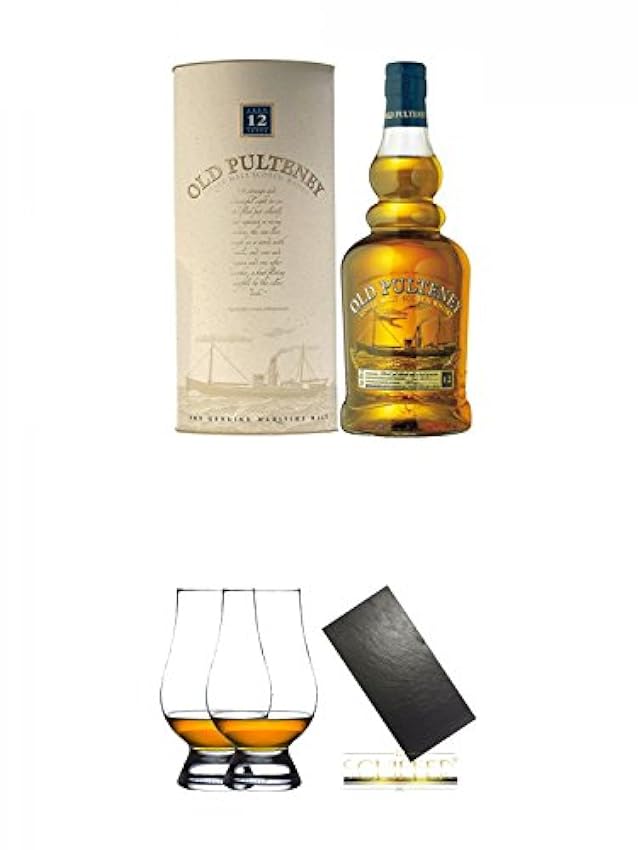 erstaunlich Old Pulteney 12 Jahre Single Malt Whisky 0,7 Liter + The Glencairn Glass Whisky Glas Stölzle 2 Stück + Buffet-Platte Servierplatte Schieferplatte aus Schiefer 60 x 30 cm schwarz BhekLfKl groß
