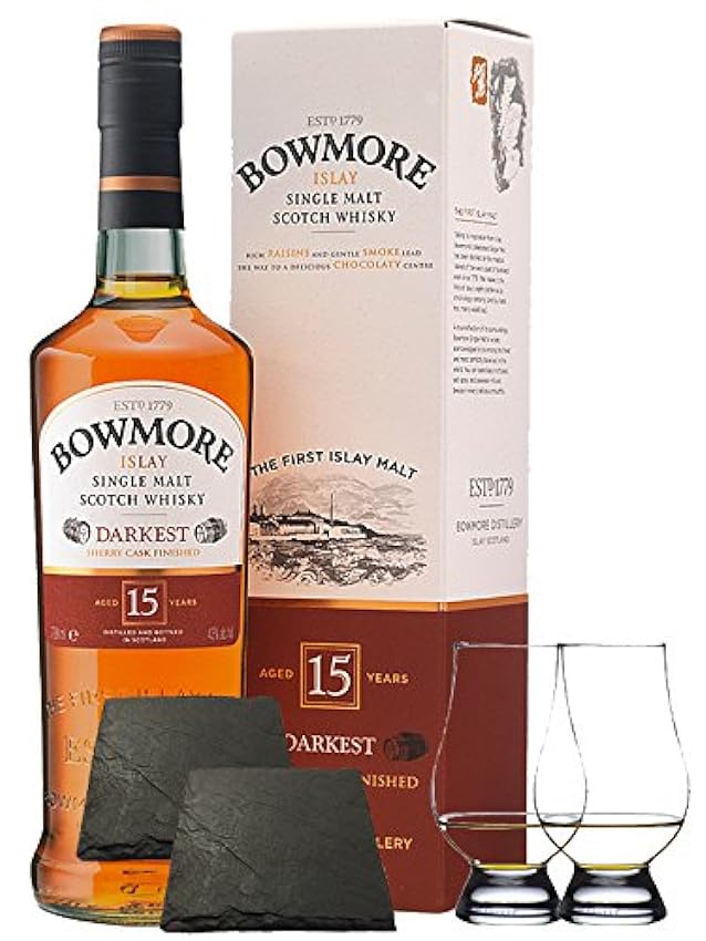 guter Preis Bowmore 15 Jahre 0,7 Liter + 2 Glencairn Gläser + 2 Schieferuntersetzer quadratisch 9,5 cm 9HR3ZqZk gut verkaufen
