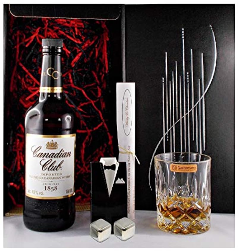 Billige Geschenk Canadian Club Kanadischer Whisky + Whiskey Glas + 2 Edelstahl Kühlsteine XUssv1az Mode